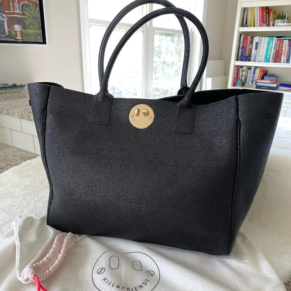 Black Pebbled Tote with Gold Medallion